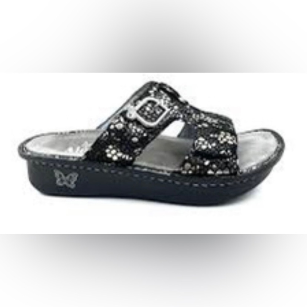 Alegria PEG 780 Black Silver Mosaic Leather Platform Slides Comfort Sandals